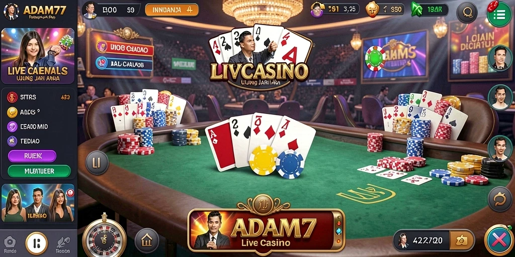 Tampilan utama gameplay Live Casino ADAM77 dengan dealer langsung dan meja permainan.