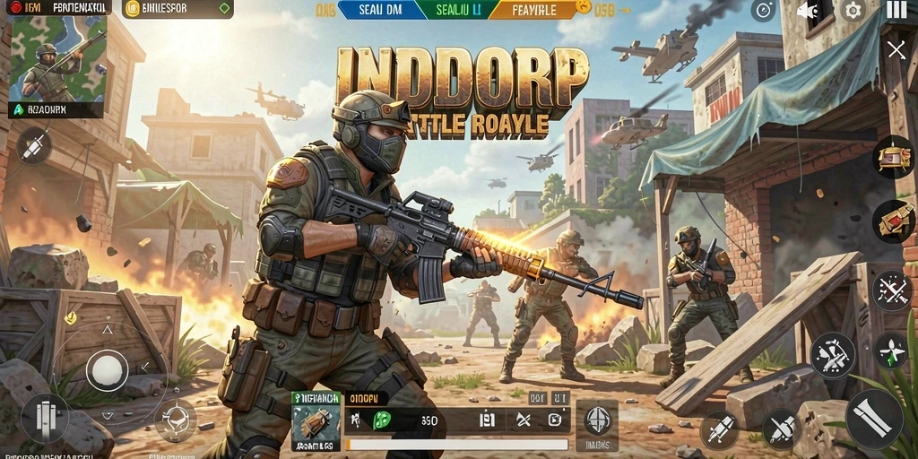 Tangkapan layar gameplay INDORP yang menampilkan pertempuran sengit di arena Battle Royale.