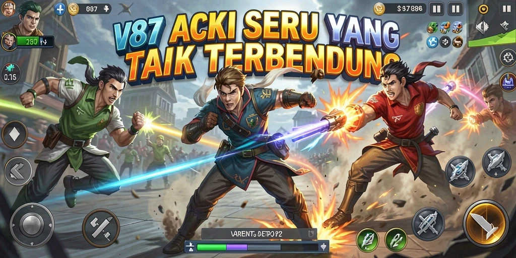 Tampilan gameplay mendebarkan dalam V87, penuh aksi seru.